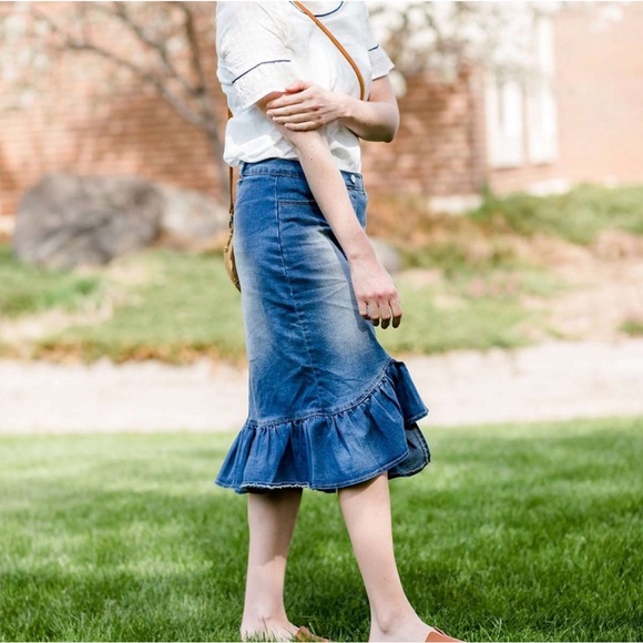 Denim Mermaid Midi Skirt Ruffle Hem - Picture 6 of 8